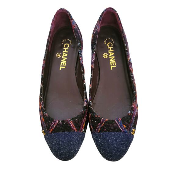 Chanel Tweed Ballet Flats 2011 CC Logo Cap Toe Black Navy G27760 37.5 6.5 7 - Picture 5 of 11